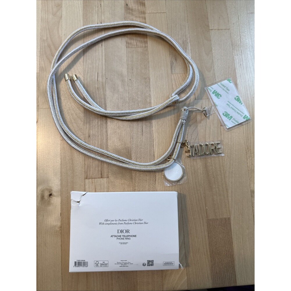 DIOR Phone Ring / Adjustable Strap Gold & White Rope Lanyard with J'ADORE Charms